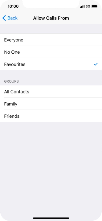 Press the required setting to select which contacts can call you even though Do Not Disturb is turned on. Press the required setting to select which contacts can call you even though Do Not Disturb is turned on.
