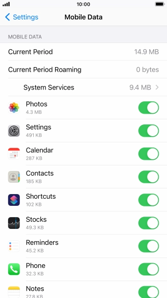 The data usage for each application is displayed below the name of the application.