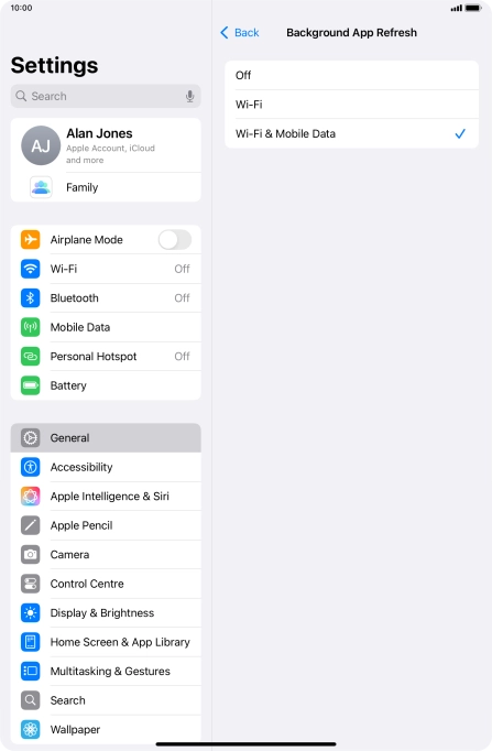To turn off background refresh of apps, press Off. To turn off background refresh of apps, press Off.