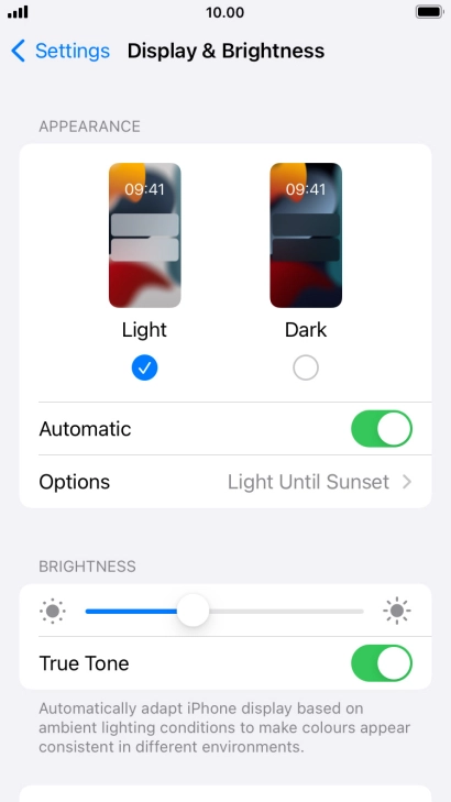 If you turn on the function, press Options and follow the instructions on the screen to select the required period of time for Dark Mode. If you turn on the function, press Options and follow the instructions on the screen to select the required period of time for Dark Mode.