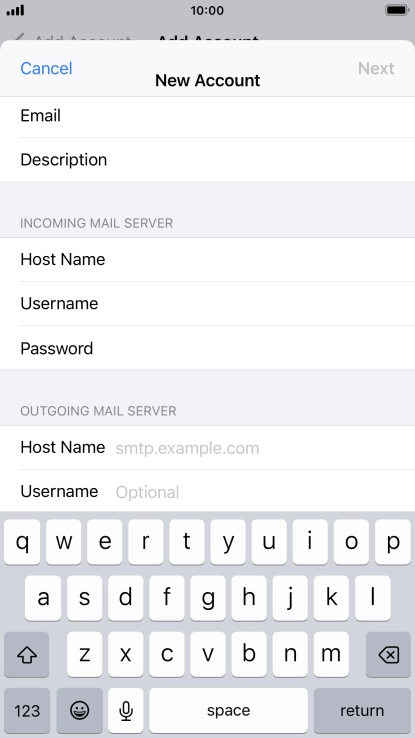 Press Host Name and key in the name or IP address of your email provider's outgoing server. Please note that if you can't send email messages when using your email provider's outgoing server, key in {variable:21[822] (Vodafone's outgoing server).