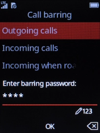 Key in your barring password and press the Navigation key. The default barring password is 0000.