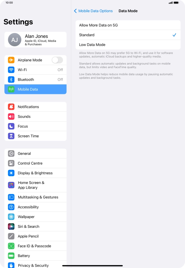 Press the required setting to turn the function on or off. Press the required setting to turn the function on or off.