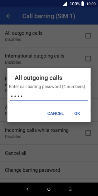 Key in your barring password and press OK. The default barring password is 0000.