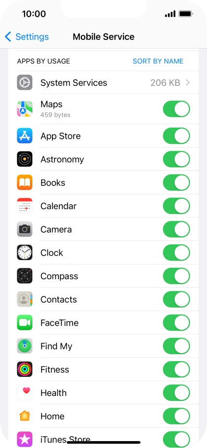 The data usage for each application is displayed below the name of the application.