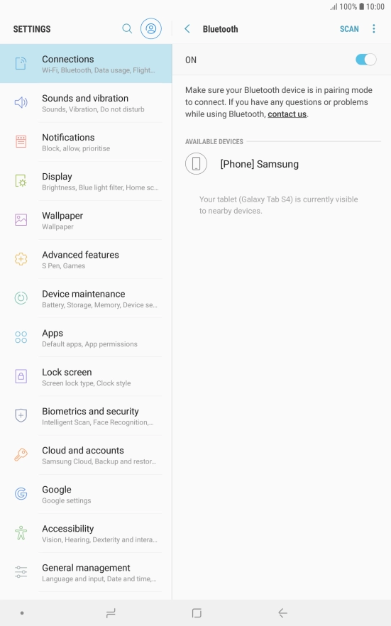 Press the required Bluetooth device and follow the instructions on the screen to pair the device with your tablet. Press the required Bluetooth device and follow the instructions on the screen to pair the device with your tablet.