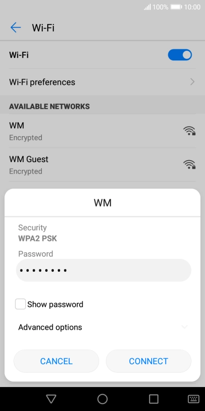 Key in the password for the Wi-Fi network and press CONNECT.