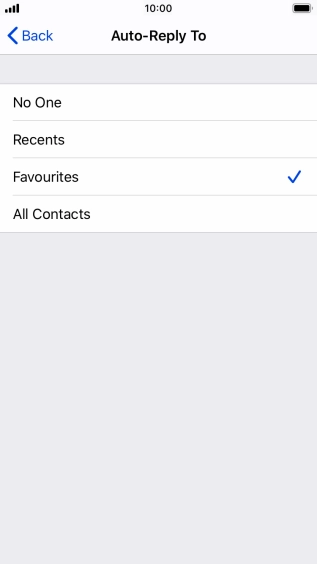 Press the required setting to select which contacts should automatically be notified that Do Not Disturb While Driving is turned on.