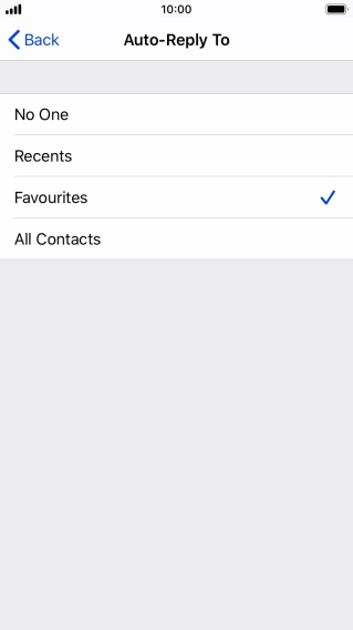 Press the required setting to select which contacts should automatically be notified that Do Not Disturb While Driving is turned on.