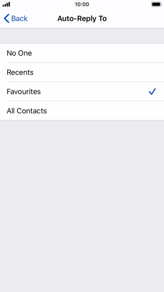 Press the required setting to select which contacts should automatically be notified that Do Not Disturb While Driving is turned on.