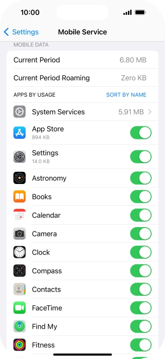 The data usage for each application is displayed below the name of the application.