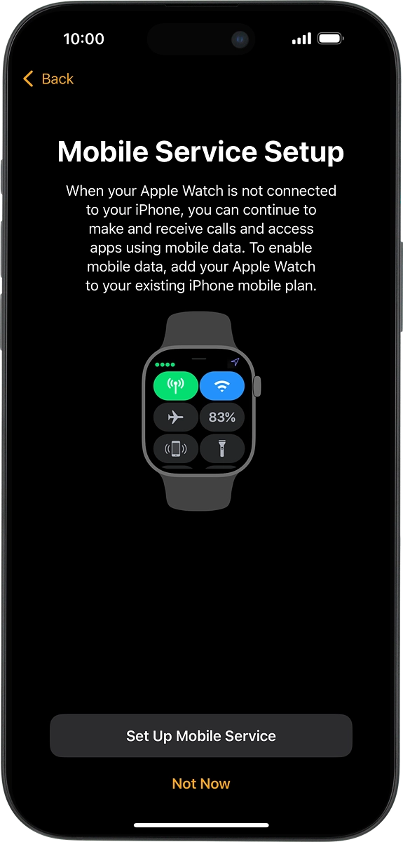 On your phone: Follow the instructions on the screen to set up mobile data on your Apple Watch or press Not Now. Go to the Vodafone support page for more information.