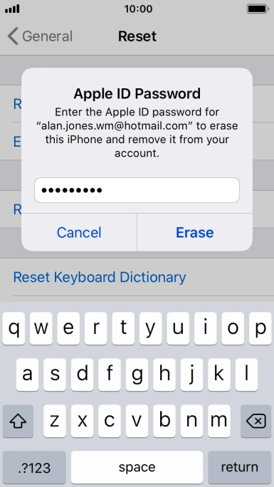 Key in the password for your Apple ID and press Erase. Wait a moment while the factory default settings are restored. Follow the instructions on the screen to set up your phone and prepare it for use. Key in the password for your Apple ID and press Erase. Wait a moment while the factory default settings are restored. Follow the instructions on the screen to set up your phone and prepare it for use.