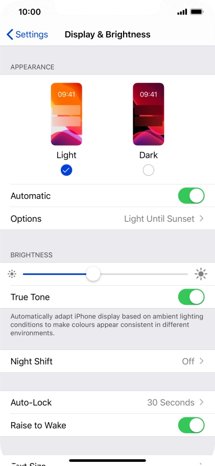 If you turn on the function, press Options and follow the instructions on the screen to select the required period of time for Dark Mode.