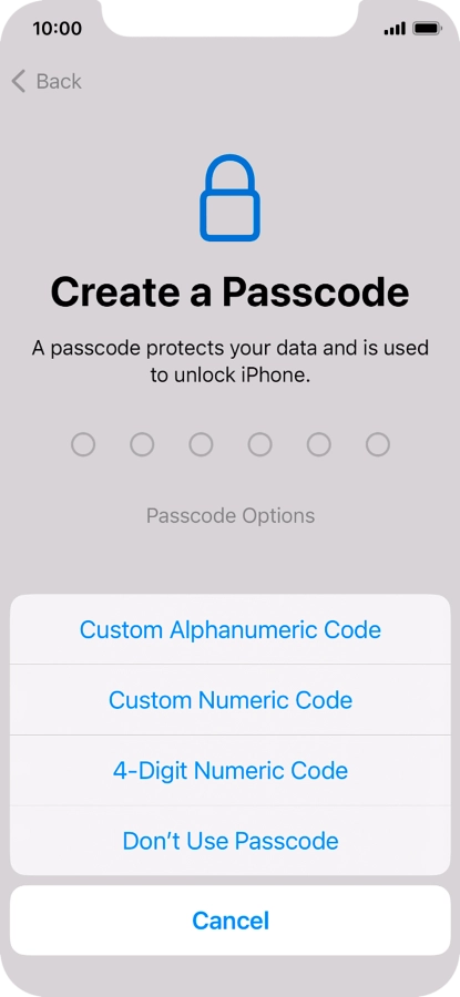 Follow the instructions on the screen to turn on use of phone lock code or press Don't Use Passcode.