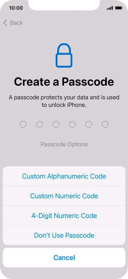Follow the instructions on the screen to turn on use of phone lock code or press Don't Use Passcode.