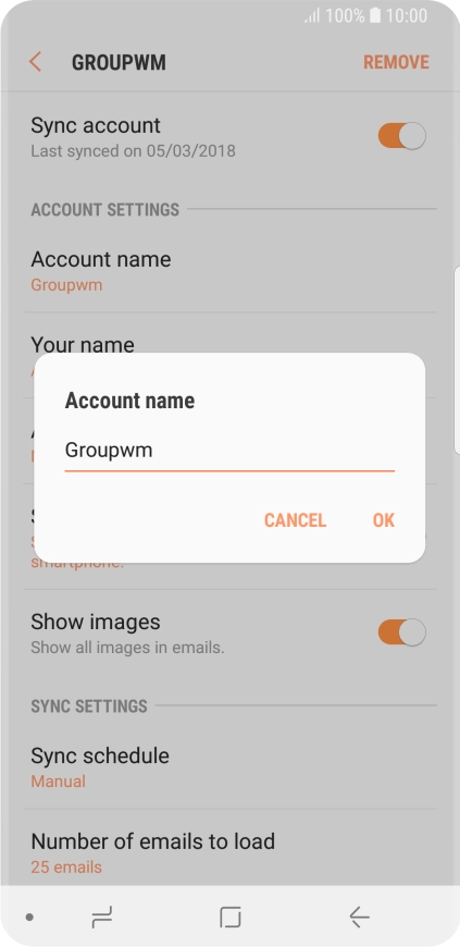 Key in the required name for the email account and press OK.