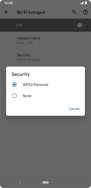 Press WPA2-Personal to password protect your Wi-Fi hotspot. Press WPA2-Personal to password protect your Wi-Fi hotspot.