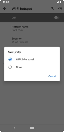 Press WPA2-Personal to password protect your Wi-Fi hotspot. Press WPA2-Personal to password protect your Wi-Fi hotspot.