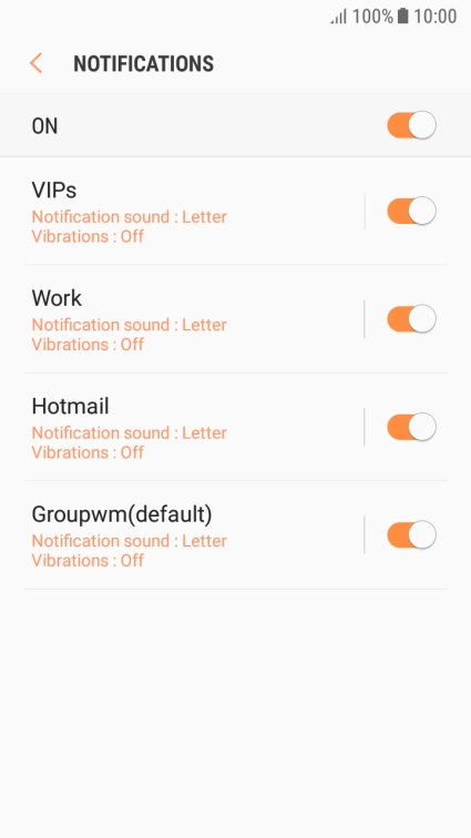 Press the indicator next to the required email account to turn the function on or off.