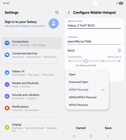 Press WPA3-Personal to password protect your Wi-Fi hotspot. Press WPA3-Personal to password protect your Wi-Fi hotspot.