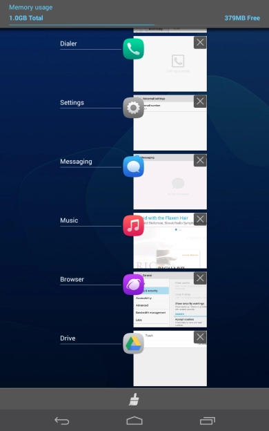 To end one running application, slide your finger right on the required application. To end one running application, slide your finger right on the required application.