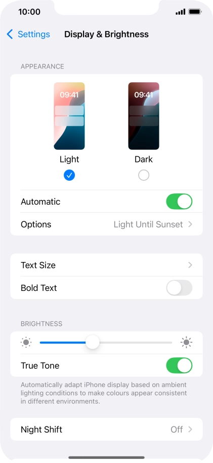 If you turn on the function, press Options and follow the instructions on the screen to select the required period of time for Dark Mode.