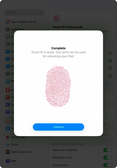 Press Continue. If you haven't previously selected a lock code, key in a code of your own choice twice.