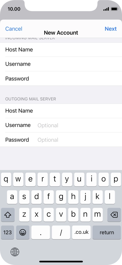 Press Username and key in the username for your email account. Please note that if you're using Vodafone's outgoing server, leave the username field empty. Press Username and key in the username for your email account. Please note that if you're using Vodafone's outgoing server, leave the username field empty.