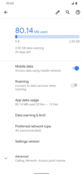 The total data usage is displayed. The total data usage is displayed.