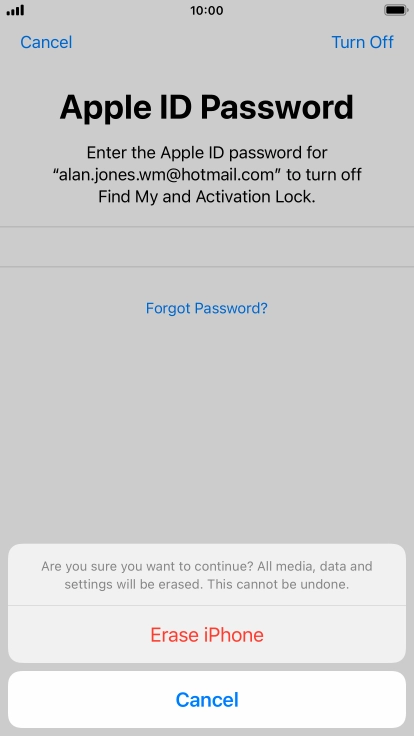Key in the password for your Apple ID and press Erase iPhone. Wait a moment while the factory default settings are restored. Follow the instructions on the screen to set up your phone and prepare it for use. Key in the password for your Apple ID and press Erase iPhone. Wait a moment while the factory default settings are restored. Follow the instructions on the screen to set up your phone and prepare it for use.