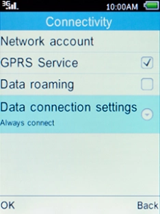 Select Data connection settings and press the Left selection key.