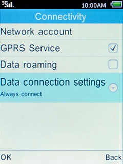 Select Data connection settings and press the Left selection key.