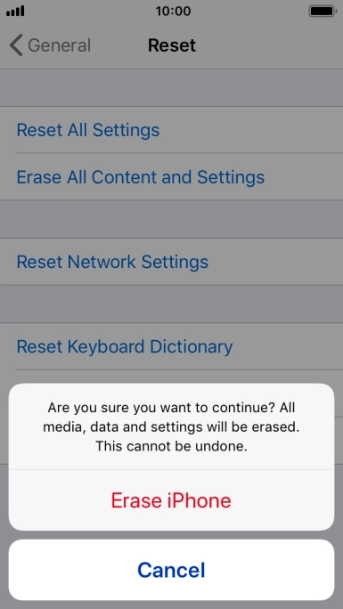 Press Erase iPhone. Wait a moment while the factory default settings are restored. Follow the instructions on the screen to set up your phone and prepare it for use. Press Erase iPhone. Wait a moment while the factory default settings are restored. Follow the instructions on the screen to set up your phone and prepare it for use.