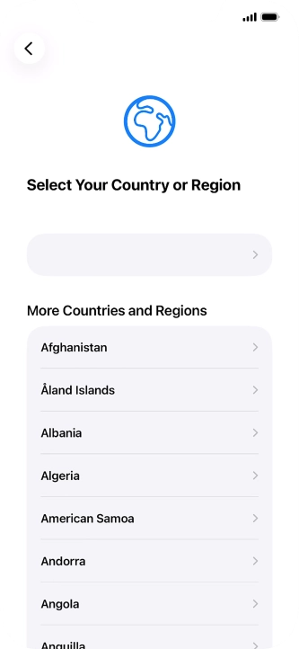 Press the required country or area. Press the required country or area.