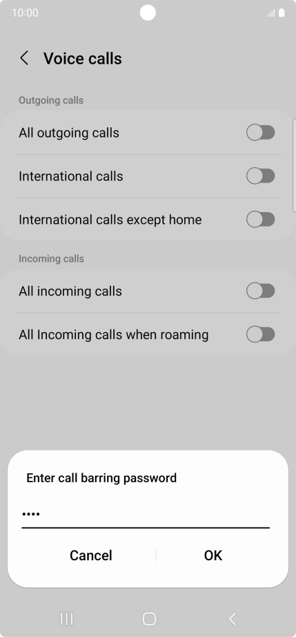 Key in your barring password and press OK. The default barring password is 0000.