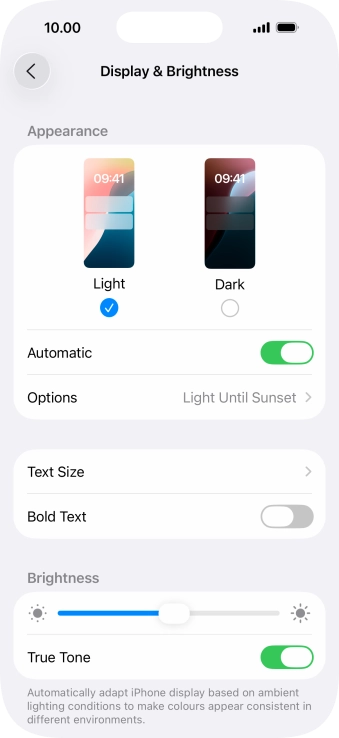 If you turn on the function, press Options and follow the instructions on the screen to select the required period of time for Dark Mode.