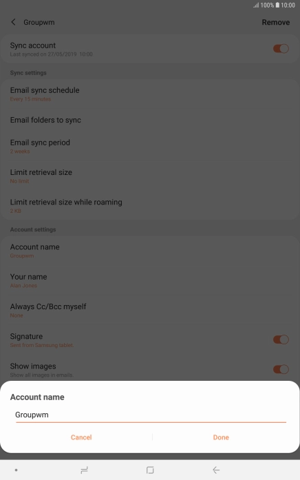 Key in the required name for the email account and press Done.