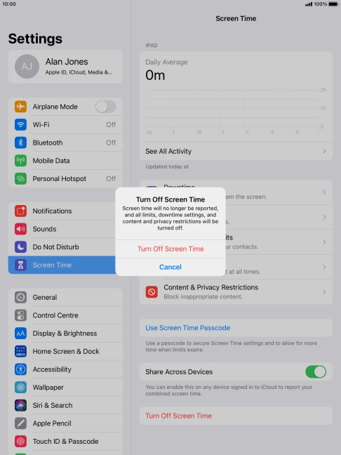 Press Turn Off Screen Time. Press Turn Off Screen Time.