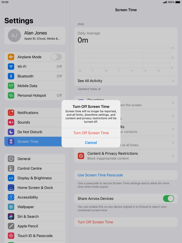 Press Turn Off Screen Time. Press Turn Off Screen Time.