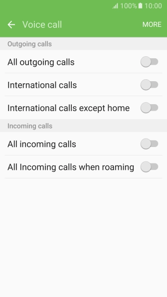 Press the indicator next to the required barring type to turn the function on or off. Press the indicator next to the required barring type to turn the function on or off.