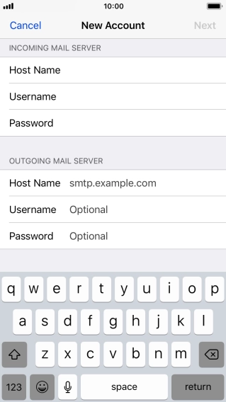 Press Host Name and key in the name or IP address of your email provider's outgoing server. Please note that if you can't send email messages when using your email provider's outgoing server, key in smtp.vodafone.net.au (Vodafone's outgoing server).