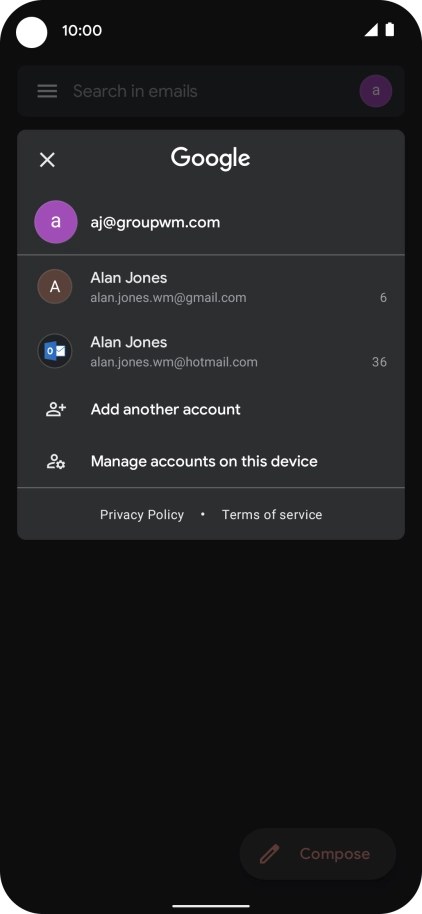 Press the required email account. Press the required email account.