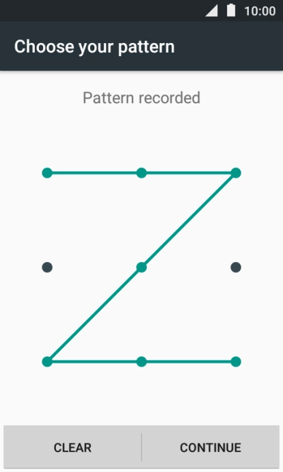 Slide your finger across the screen to connect at least four points and press CONTINUE. Slide your finger across the screen to connect at least four points and press CONTINUE.
