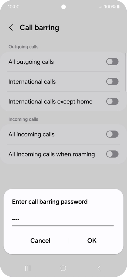 Key in your barring password and press OK. The default barring password is 0000.