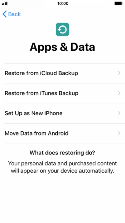 You can restore content from an iCloud backup when your phone is activated for the first time and after a factory reset. When this screen is displayed, your phone is ready to restore content from an iCloud backup.