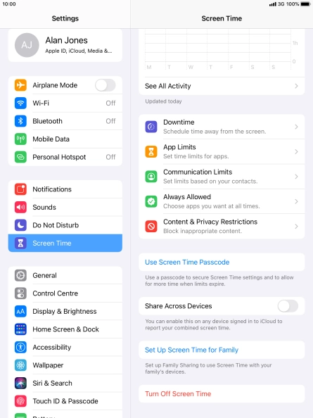 Press Turn Off Screen Time. Press Turn Off Screen Time.
