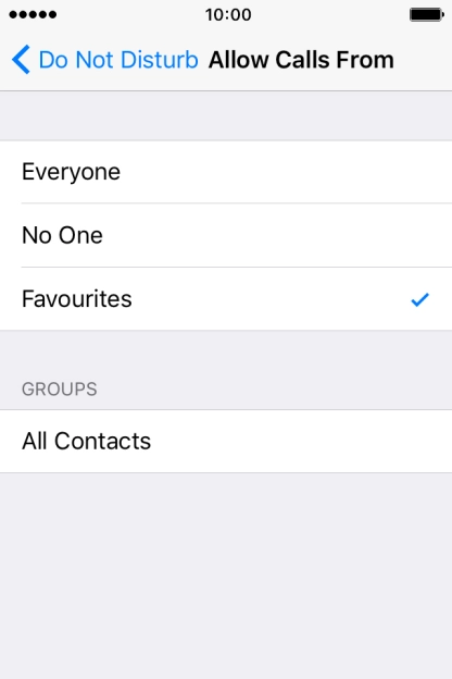 Press the required setting to select which contacts can call you even though Do Not Disturb is turned on. Press the required setting to select which contacts can call you even though Do Not Disturb is turned on.