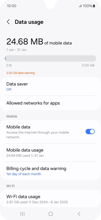 The total data usage is displayed. The total data usage is displayed.