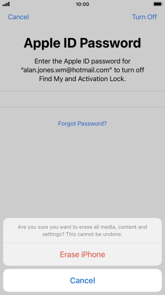 Key in the password for your Apple ID and press Erase iPhone. Wait a moment while the factory default settings are restored. Follow the instructions on the screen to set up your phone and prepare it for use.